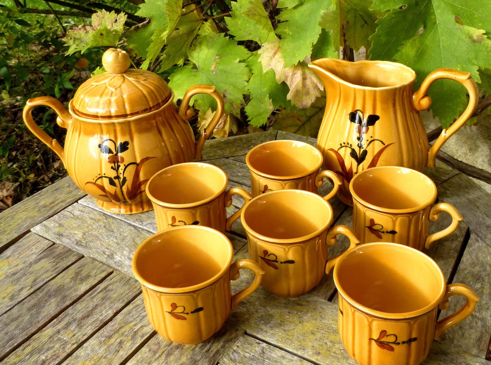 Français Set de Café Salins Véronique Vintage - 6 Tasses à Expresso Florales Peintes La Main + Sucri