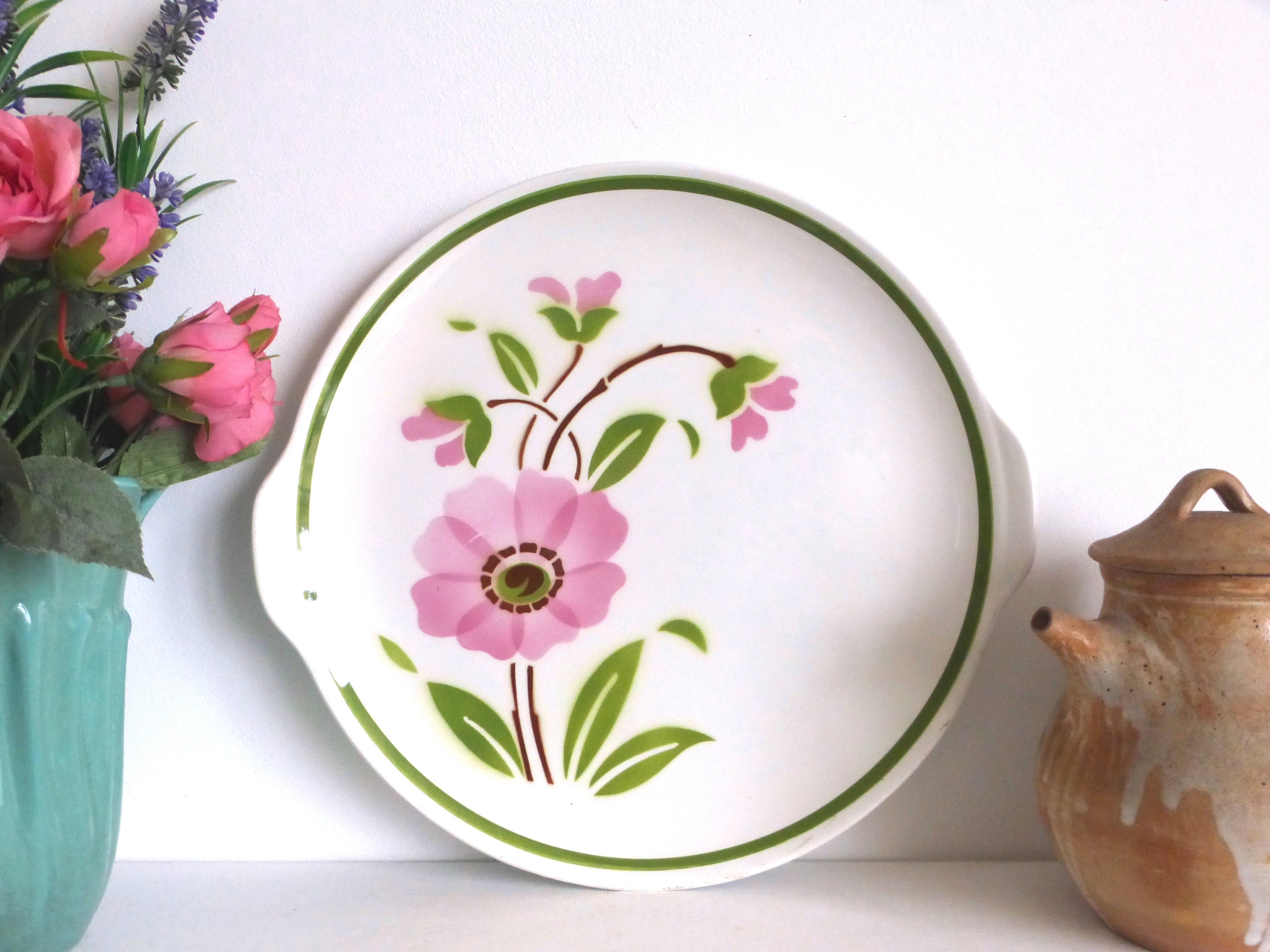 Belle Français Vintage Moulin Des Loups Gâteau/Assiette Sandwich Plat de Service avec Décoration Flo