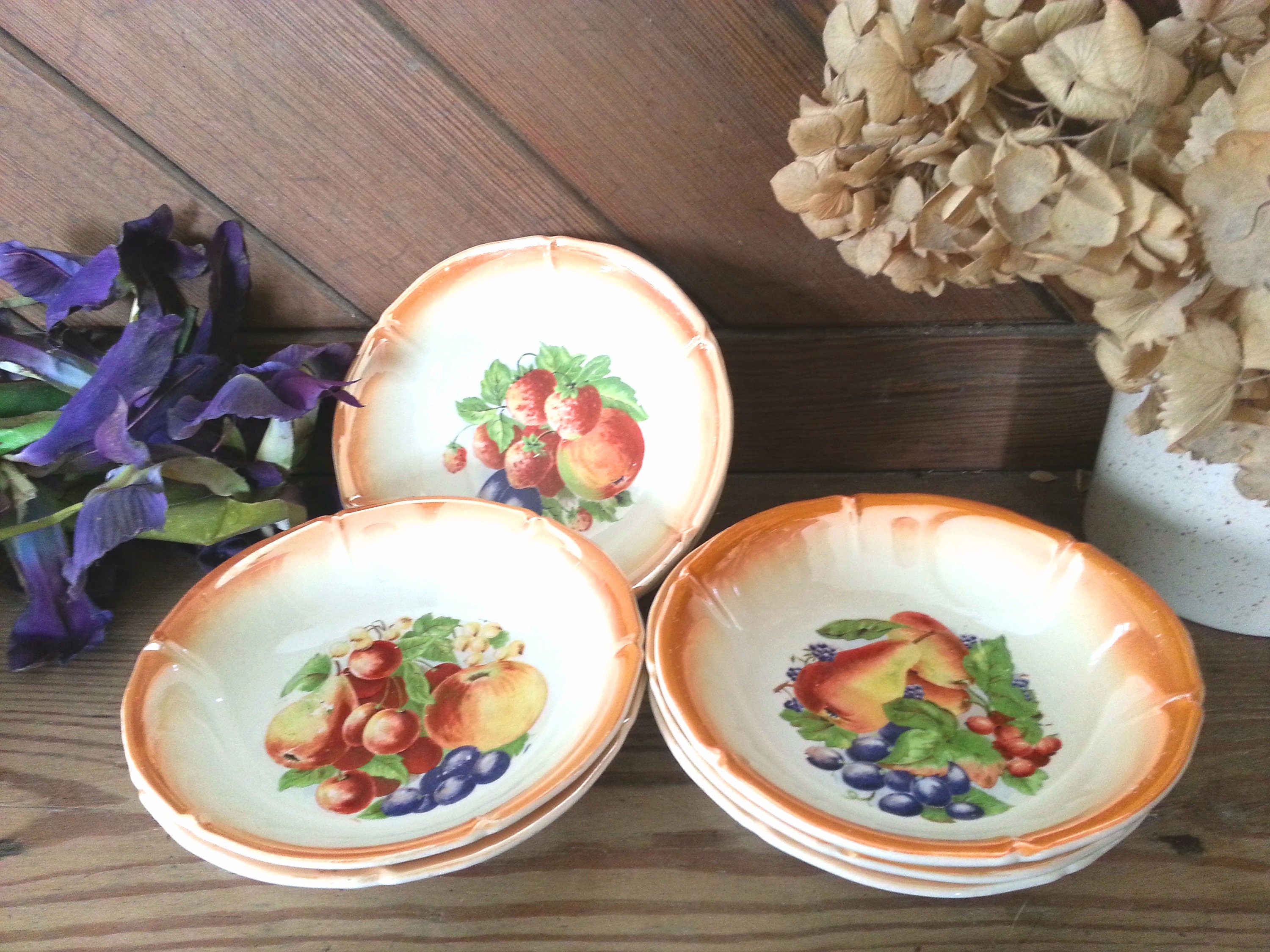 Six Délicieuses Français Vintage St Amand Dessert Bols de Baies Couches - Motifs Fruits Boho Shabby 