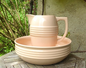 Fabulous French antique DIGOIN SARREGUEMINES pale salmon pink wash set – pitcher jug & ewer basin – 1930s Art Deco chic