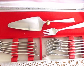 Fabulous French vintage LETANG REMY sleek stainless steel cake service – boxed set – serving slice & 12 pastry forks