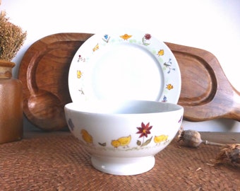 Adorable French vintage hand-painted APILCO footed cafe au lait bowl & LIMOGES porcelain plate - chicks and flowers