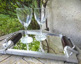 Bandeja para bebidas o tocador con estilo Art Decó francés vintage de metal plateado y baquelita con espejo: estilo retro chic de los años 30