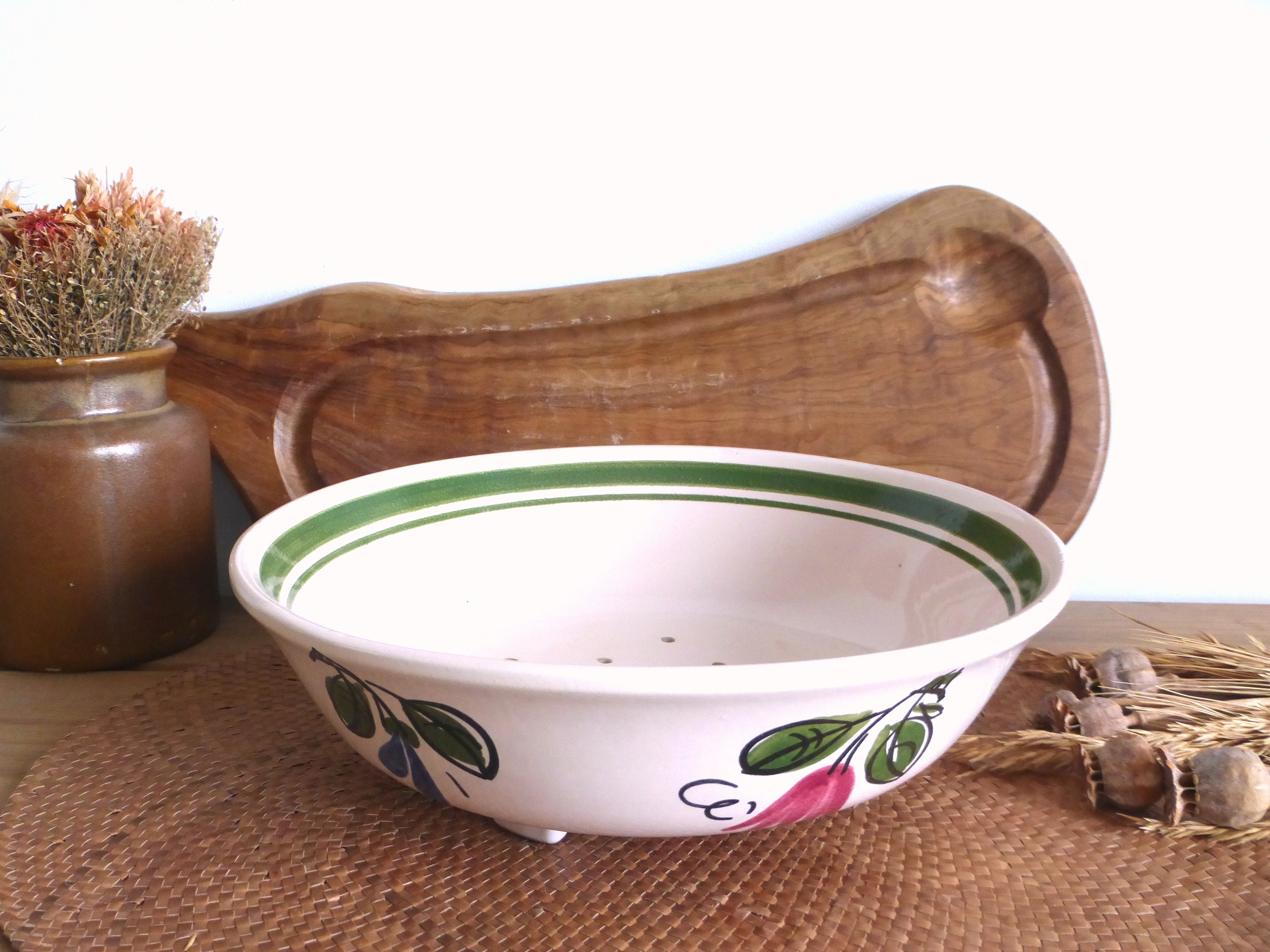 Belle Français ou Italienne Grande Crème Céramique Bol de Fruits Tamis - Décor Floral Rouge et Bleu 