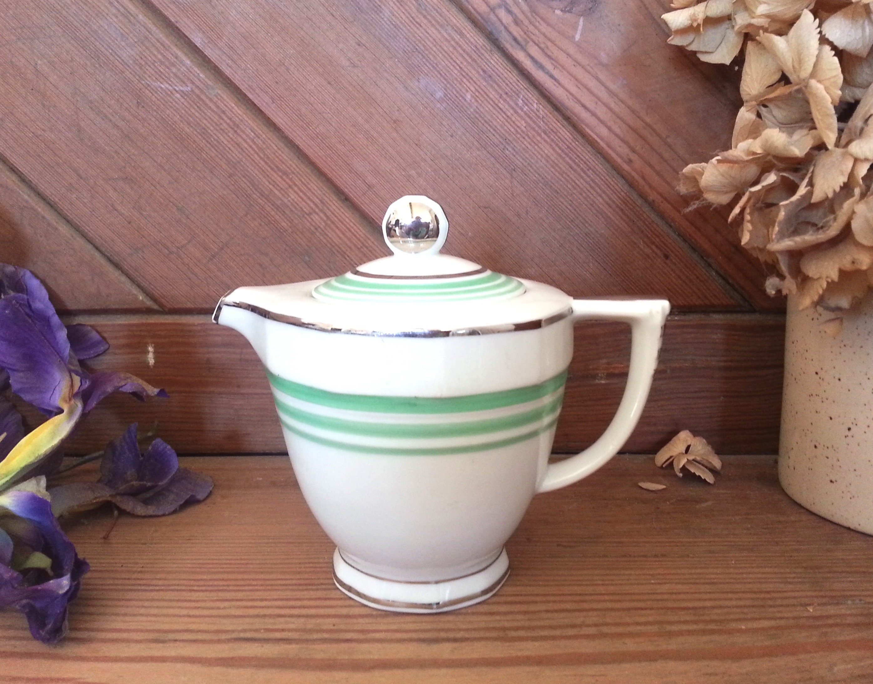 Élégante Français Vintage Porcelaine Limousine Pieds Blanc Vert & Argent Théière Individuelle Art Dé