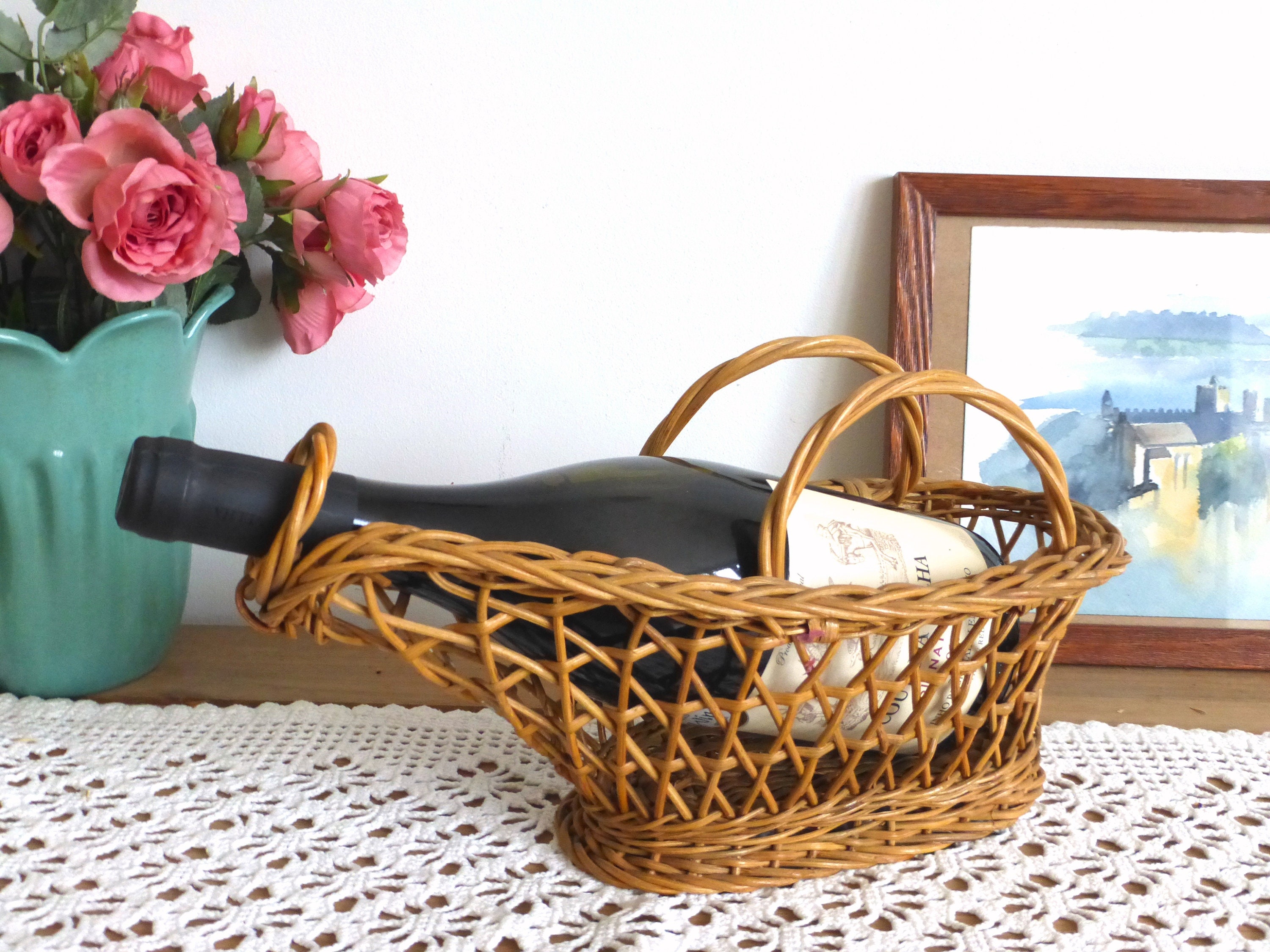 Lovely French vintage woven wicker wine bottle basket holder Etsy