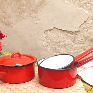 Fab French vintage red enamel lidded casserole cook pot + two saucepans – white interior - mid-century farmhouse rustic retro shabby chic