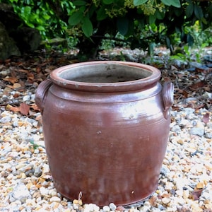 Peut inclure: Un grand pot en terre cuite brun avec deux anses. Le pot est posé sur un lit de petites pierres blanches.