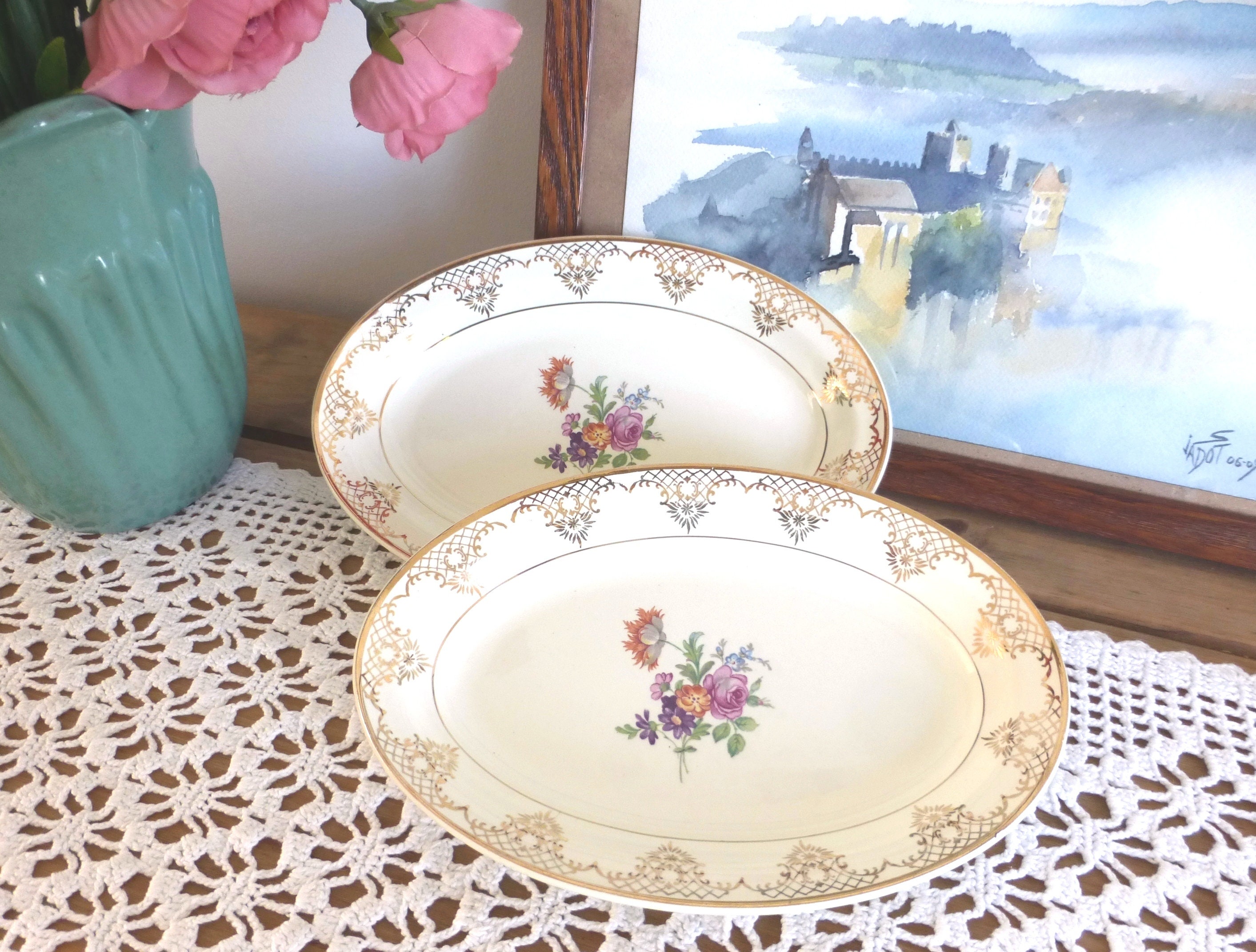 Deux Charmants Raviers Floraux Ovales St Amand Vintage Français Savourent Des Plats de Service - Crè