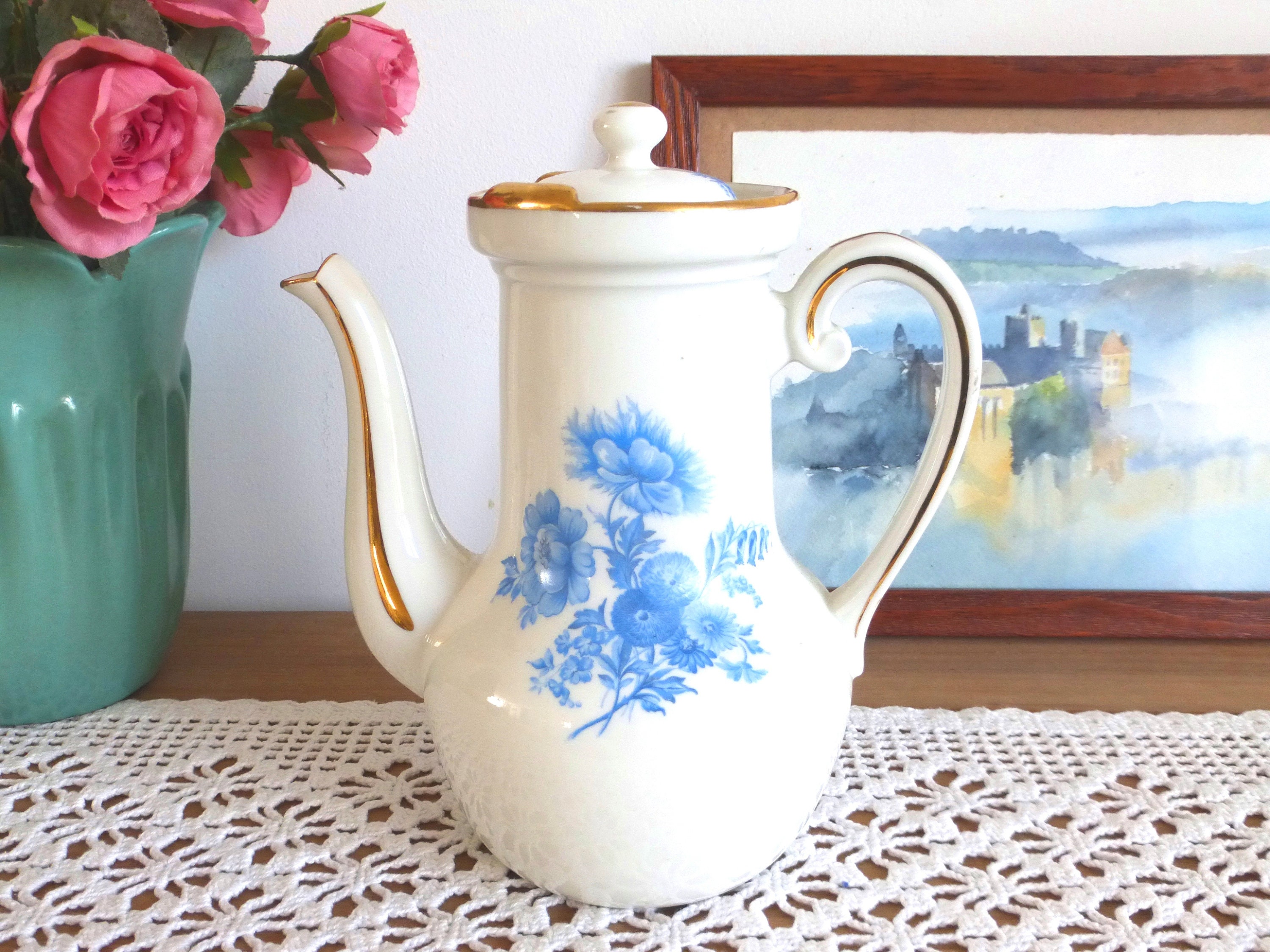 Rare Belle Cafetière Français Vintage Frugier Aluminite en Porcelaine Blanche de Limoges avec Fleurs