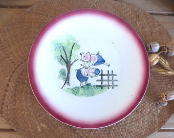 Super-cute French vintage CERANORD ST AMAND decorative display plate with leapfrogging pigs - fun playful collectable plate