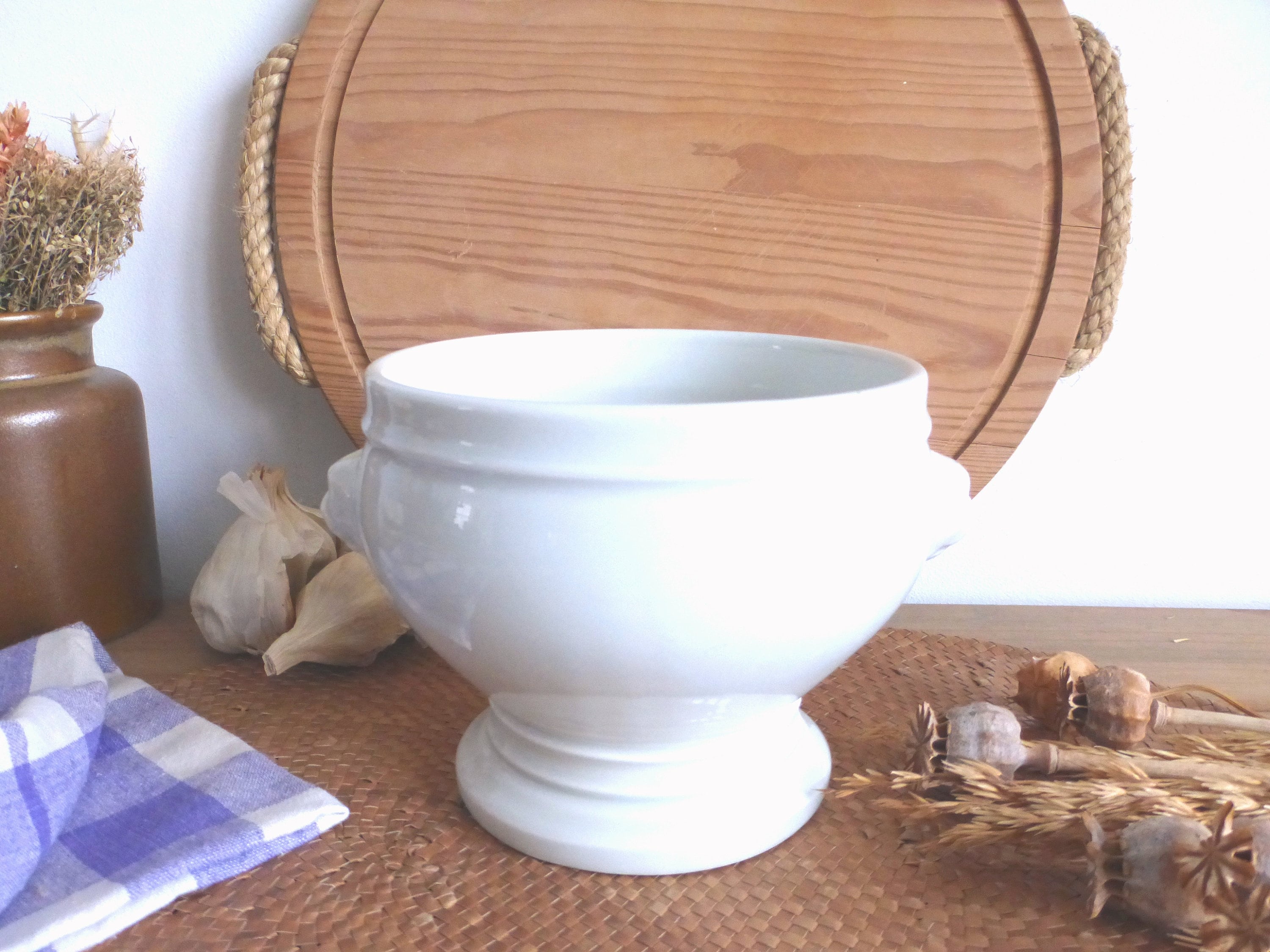 Classique Français Vintage Pillivuyt Grande Taille Pieds Porcelaine Blanche Soupe/Saladier - Poignée