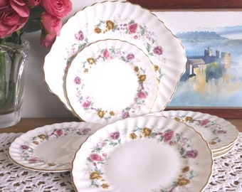 Gorgeous English vintage ROYAL DOULTON Rosell fine bone china cake service – serving platter + 6 tea plates – roses & gilt – refined teatime