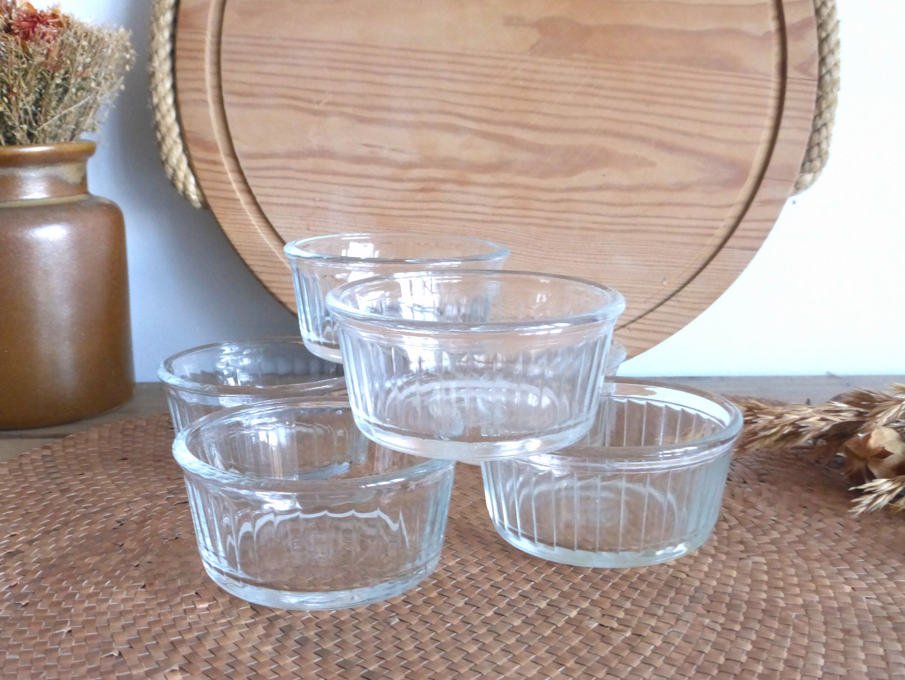 Ensemble de Six Français Tasses à Crème Pâtissière en Verre Côtelé Duralex Vintage/Plats Soufflés In