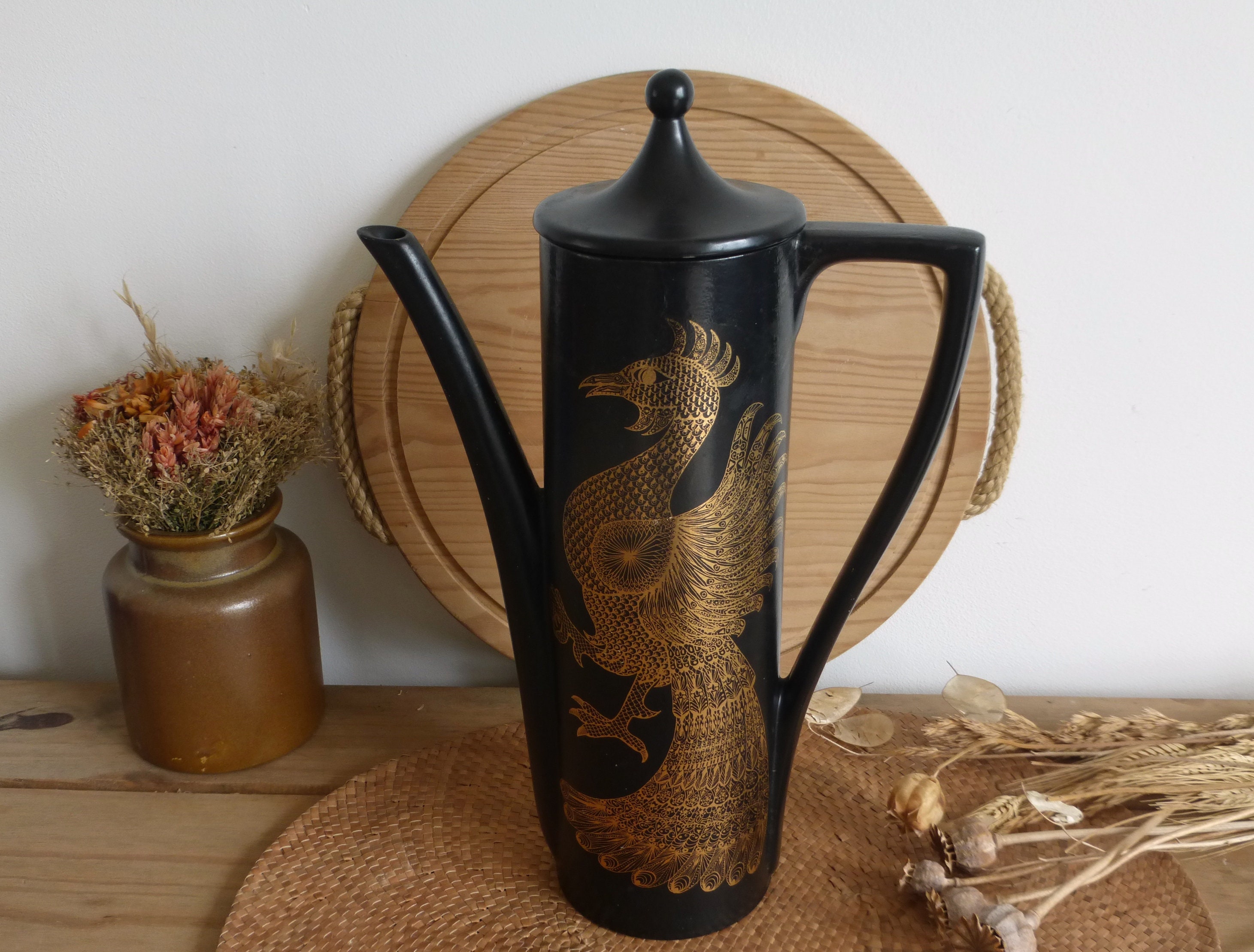 Saisissant Vintage British Portmeirion Pottery Mi-Siècle Noir et Or Phoenix Cafetière - Couvercle Ré