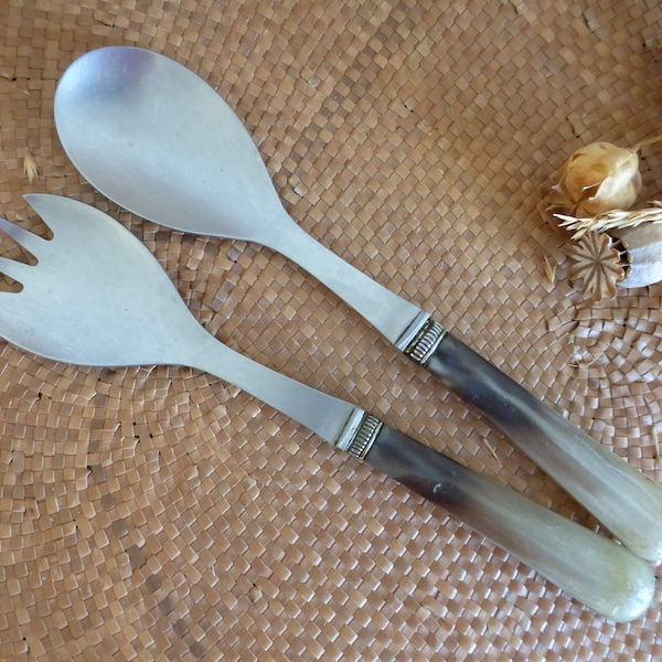 Pair of elegant French vintage salad servers with horn handles