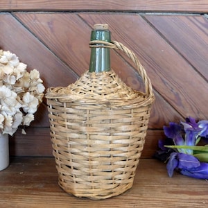 French vintage hand-woven wicker covered glass demi john bottle – rustic farmhouse – dame Jeanne