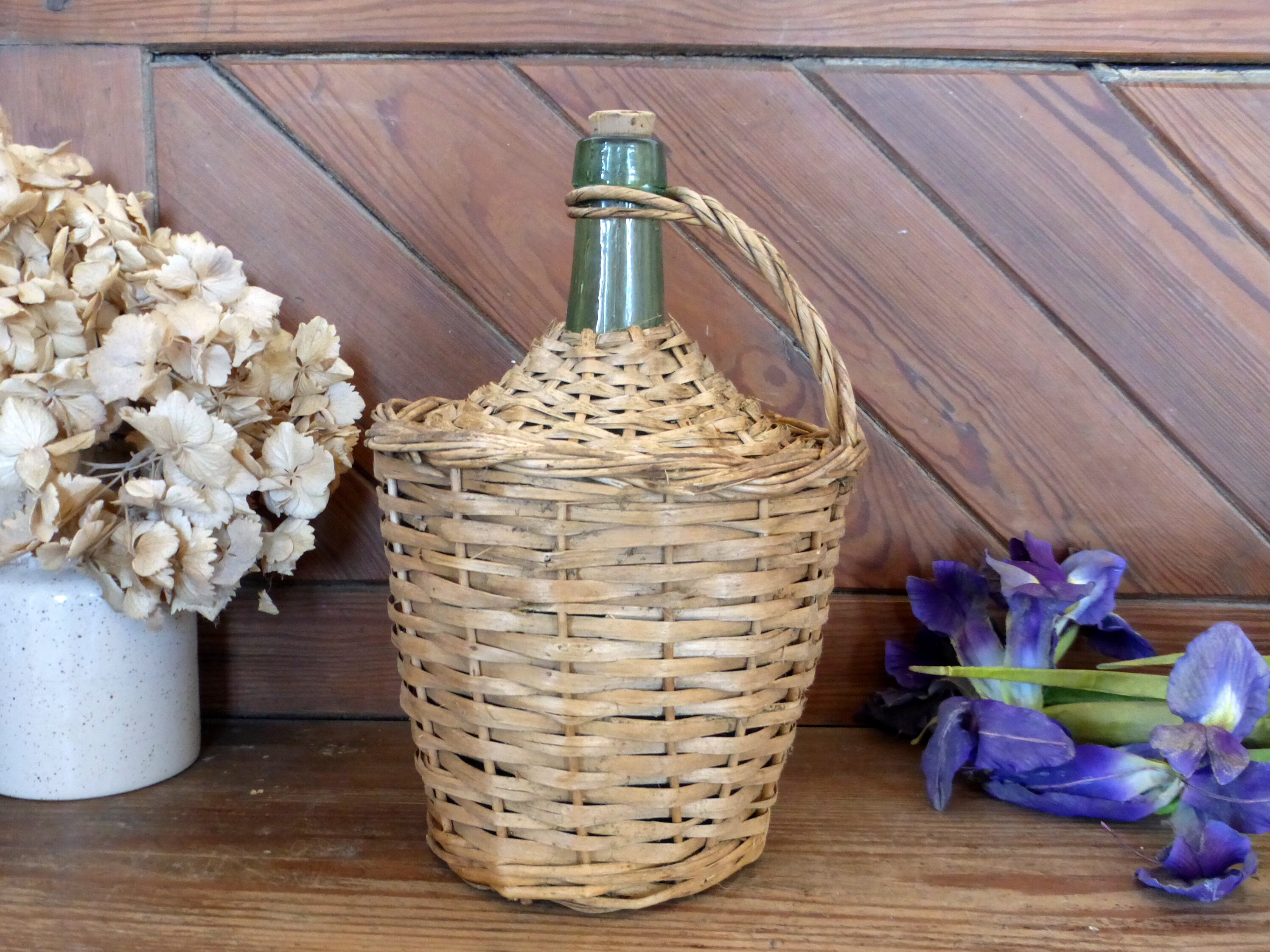 Belle Français Vintage Tissée à La Main en Osier Couvert Demi John Bouteille - Ferme Rustique Dame J