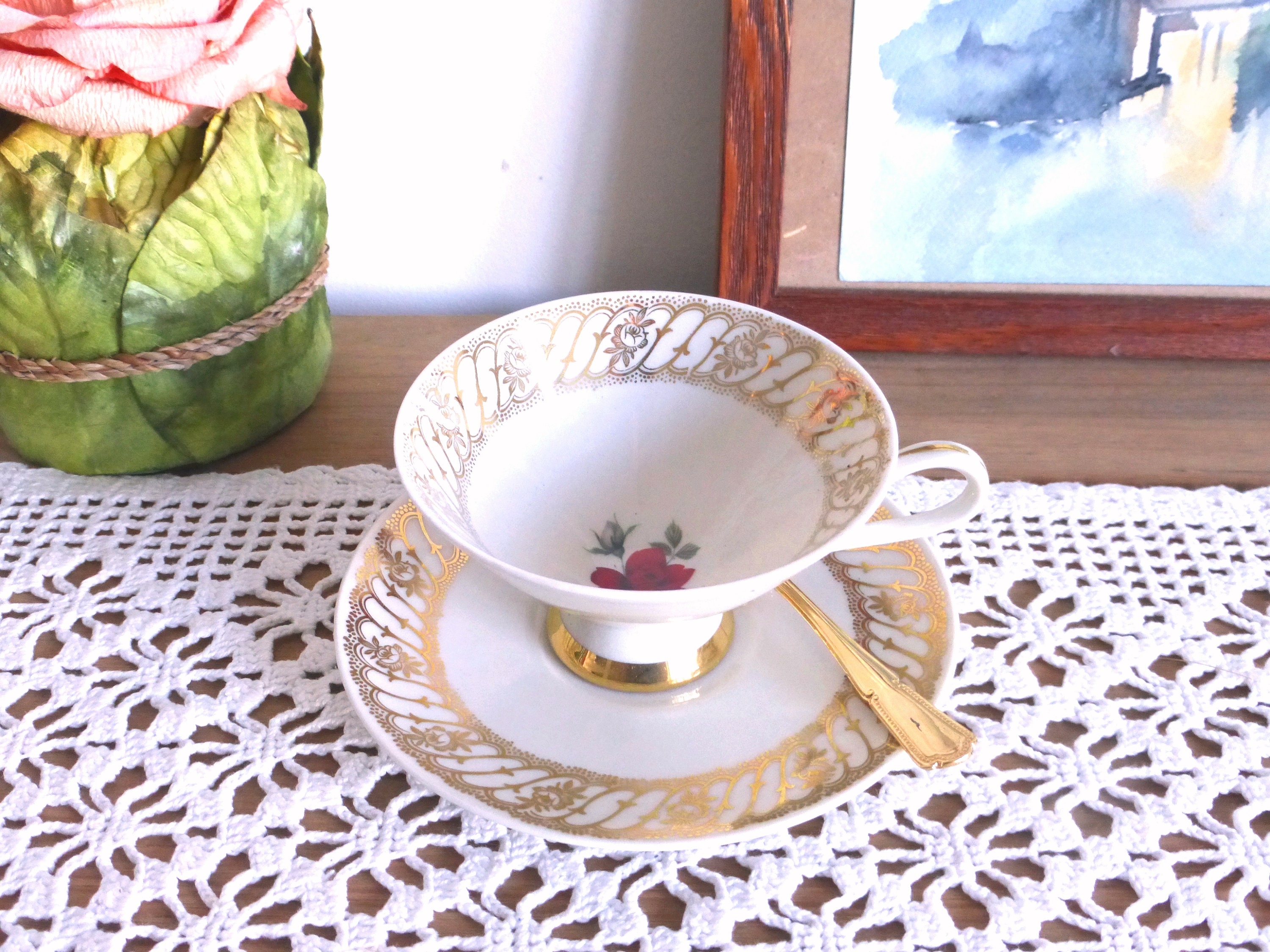 Exquis Millésime Bavarois Gareis Waldsassen Thé à Pieds en Porcelaine Fine/Tasse Café &soucoupe avec