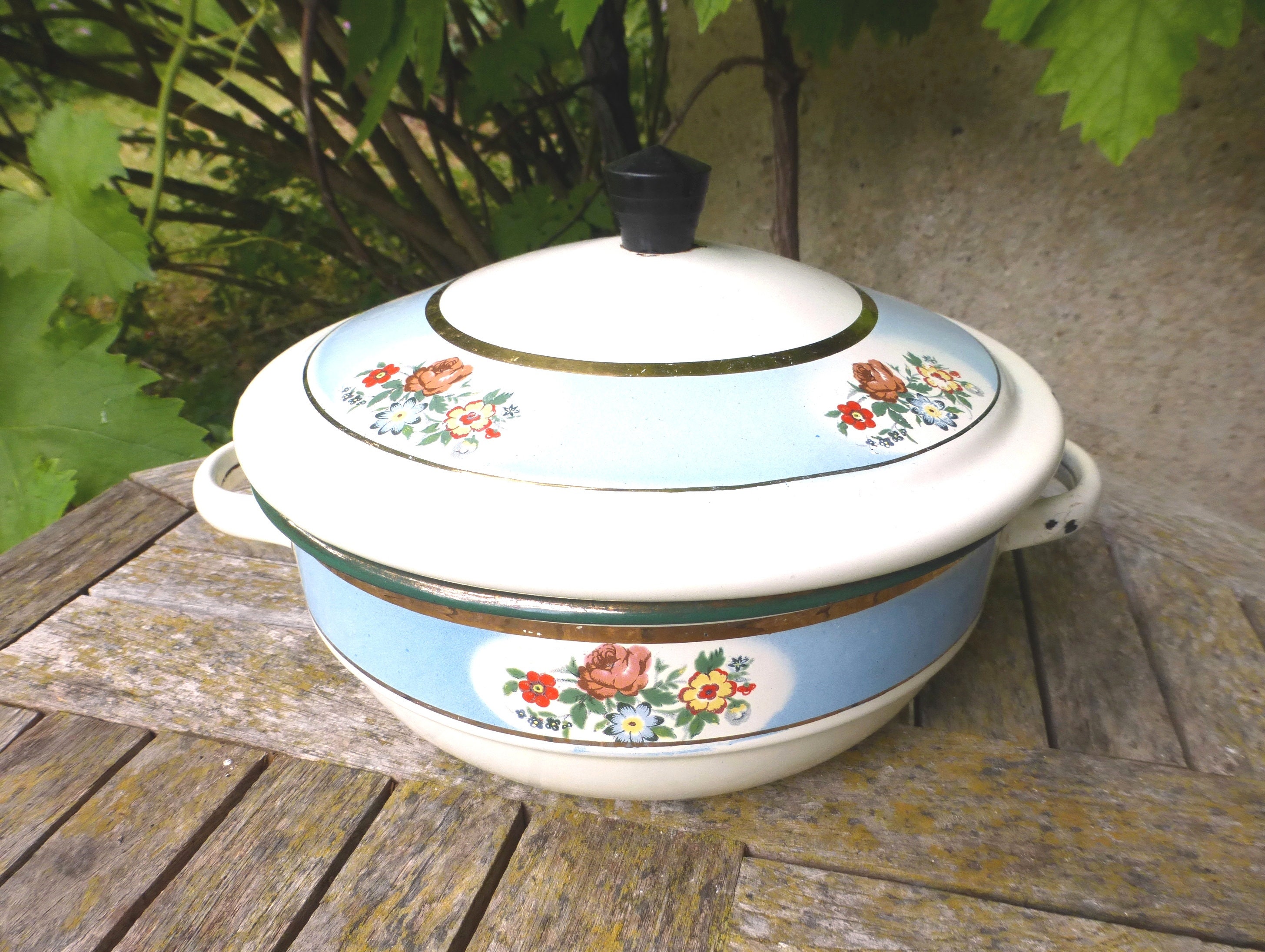 Magnifique Vintage Français Pot de Cuisson en Émail Floral Bleu Émaillé Tureen - Ferme Rustique Du M