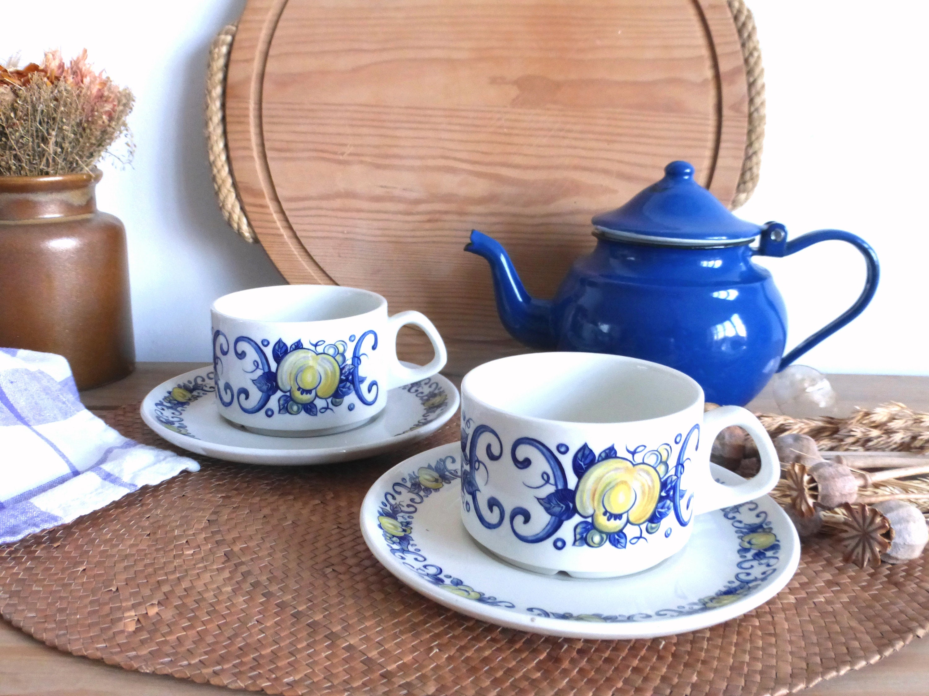 Paire de Tasses à Café et Soucoupes en Porcelaine Blanche Jaune Vintage Villeroy & Boch Cadix - Calv