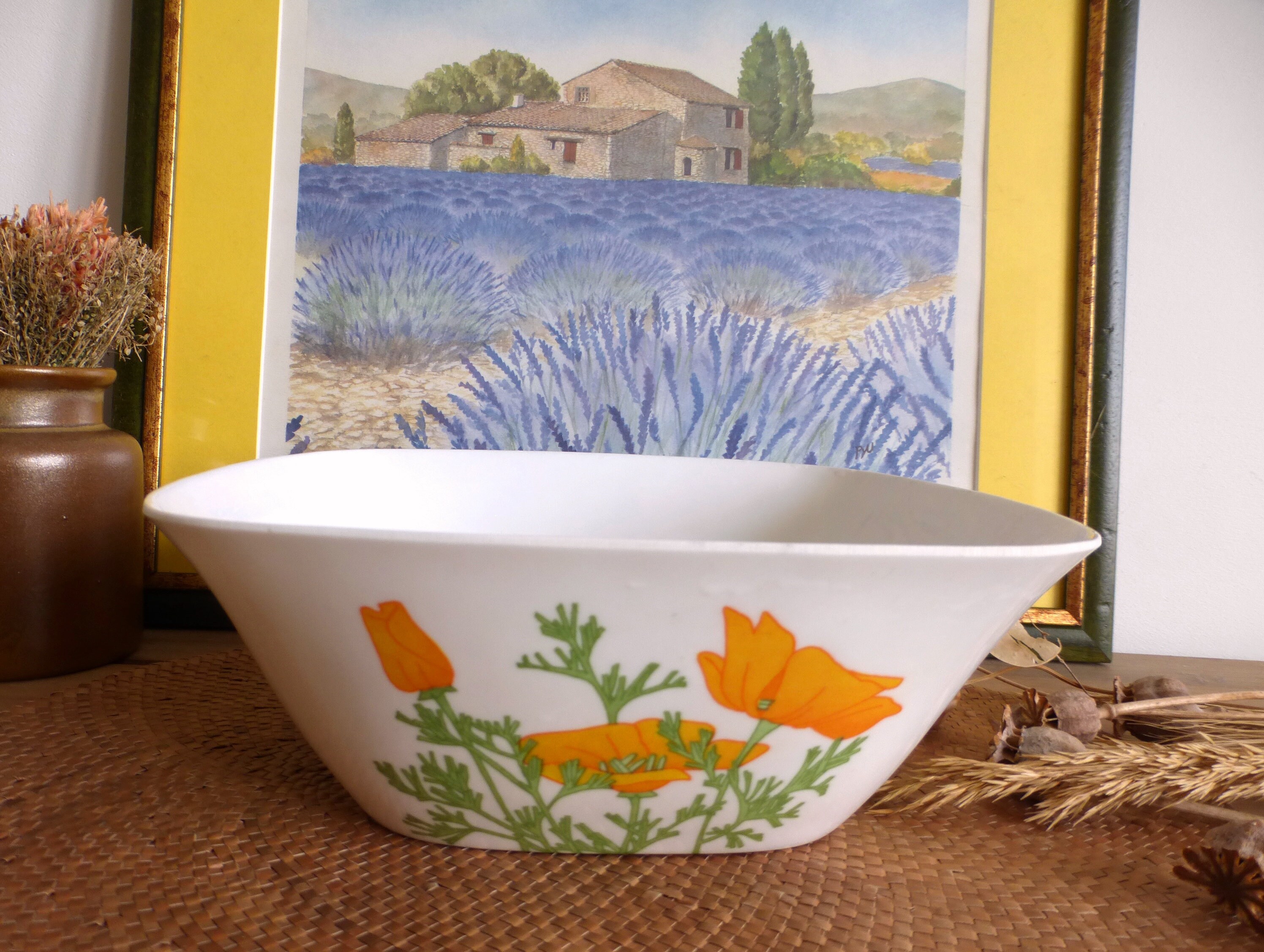 Belle Français Vintage Plastorex Grand Bol en Mélamine Blanche avec Coquelicots Jaunes - Fruits à Sa