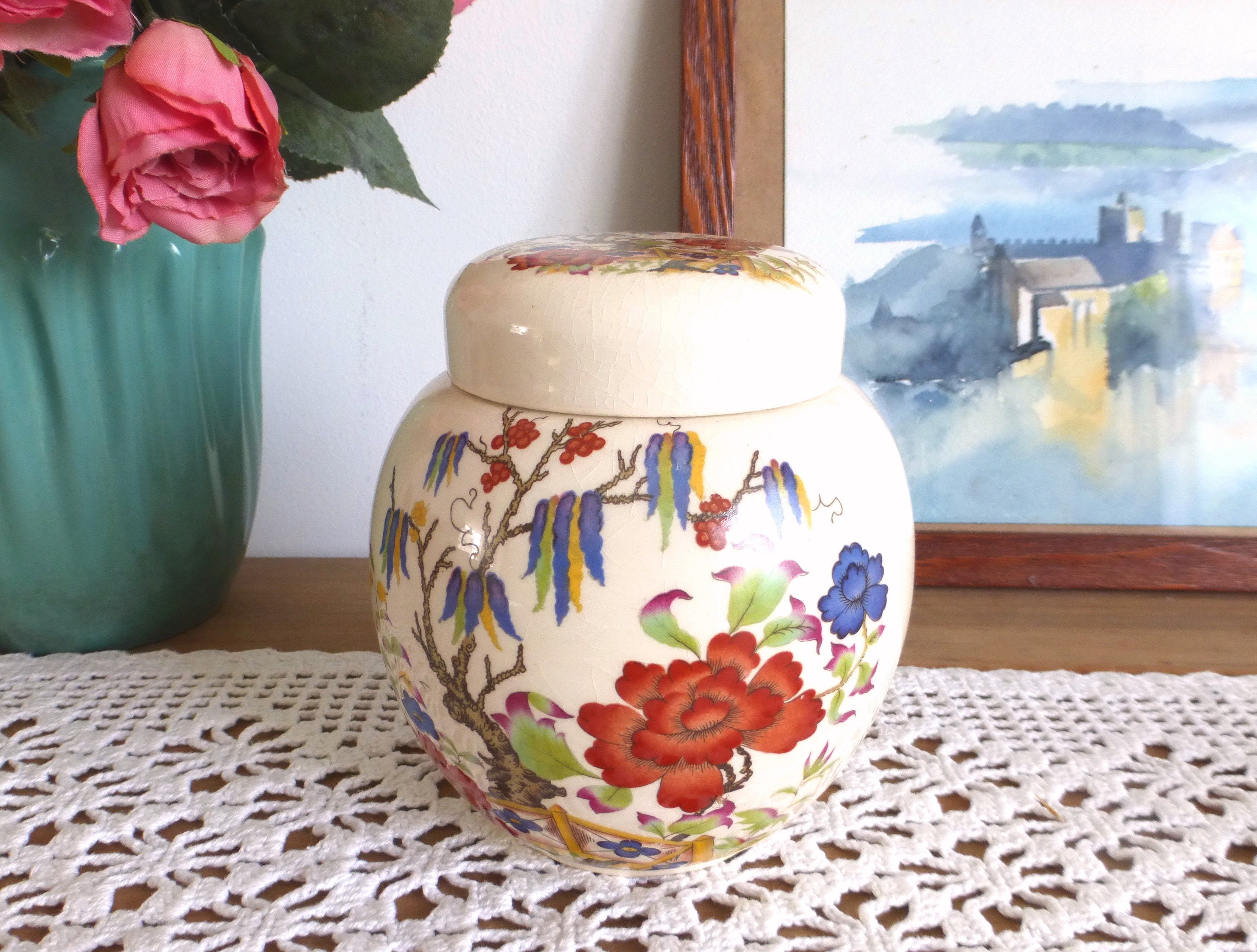 Beau Pot de Gingembre Vintage Anglais Sadler - Rangement à Couvercle Caddie Thé Fleurs Orientales Ch