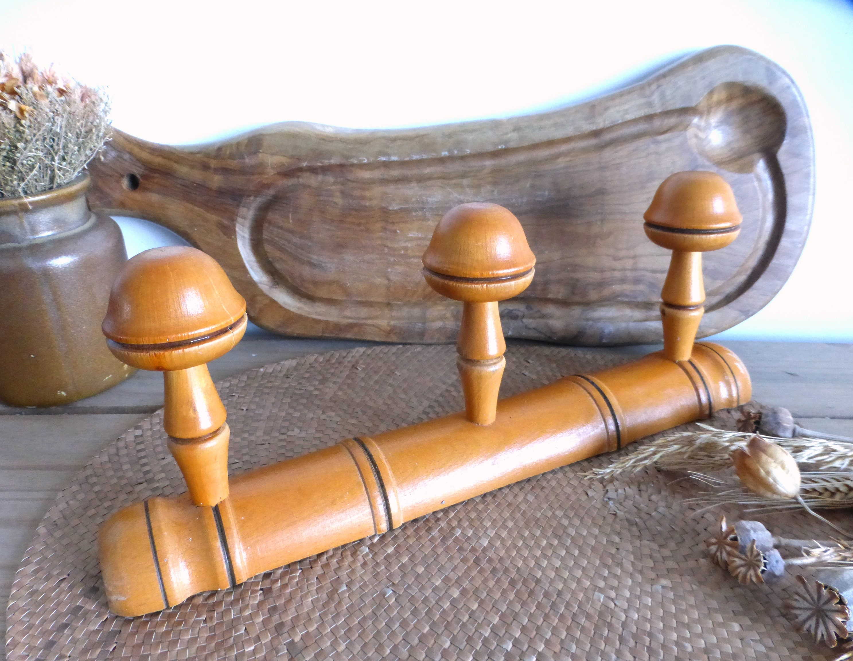 Belle Français Vintage Faux Bambou Chapeau en Bois/Manteau Chevilles Bobbin Crochets - Porte-Vêtemen