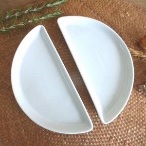 Two chic French vintage PILLIVUYT white porcelain semi-circular hors d&#39;oeuvre snack serving dishes =side plates– Nordic - 3 sets available