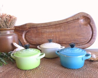 RESERVED for N: Three French vintage LE CREUSET mini stoneware cocottes – individual lidded casserole dishes – graduated blue green & cream