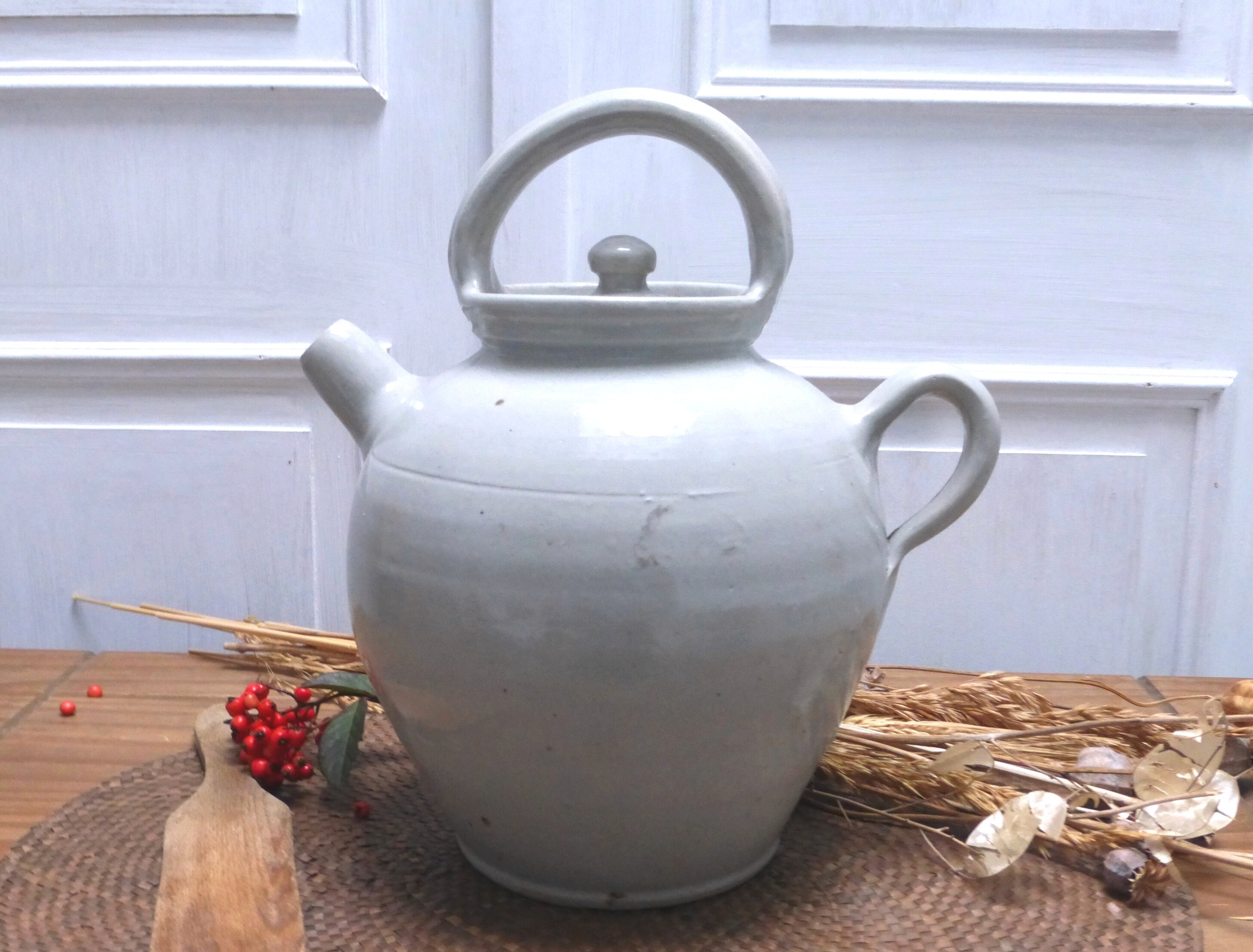 Rare Merveilleux Français Antique Début Des Années 1900 Grand Pot de Gargoulette en Grès Gris Émaill