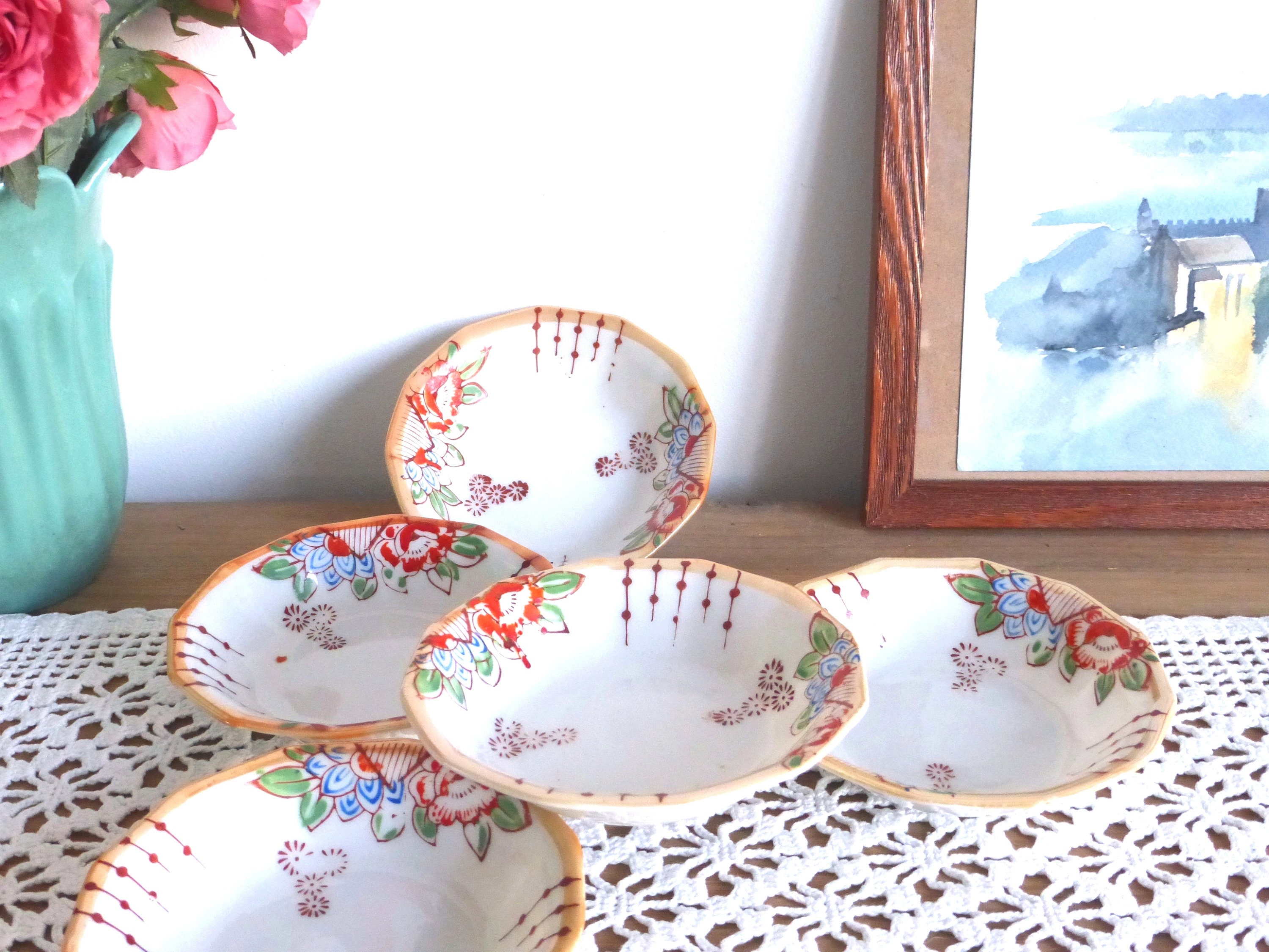 Ensemble de Cinq Délicieux Bols Vintage en Porcelaine Florale Japonaise à Facettes/Dessert Conçus Po