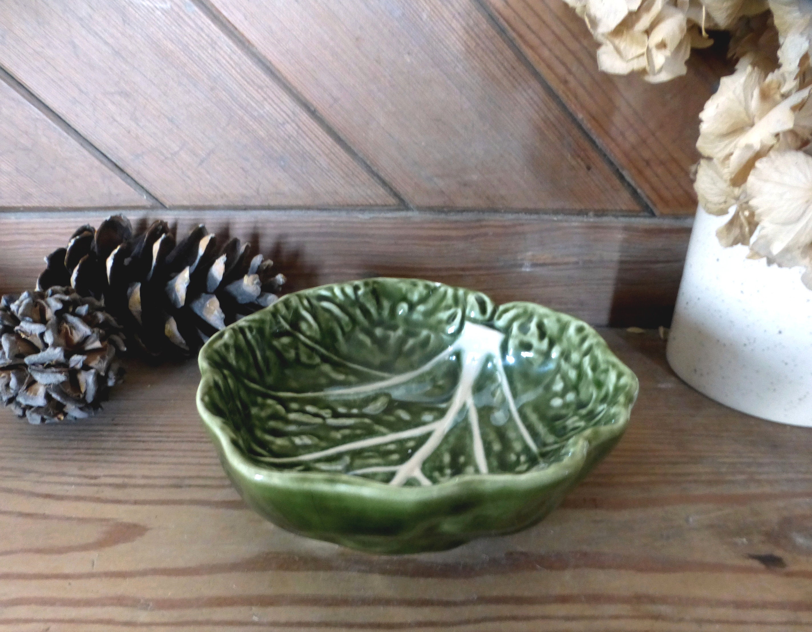 Funky Portugais Vintage Olfaire Majolique Petit Plat de Feuilles Chou Vert - Service Collation/Bibel