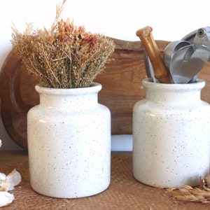 Two lovely French vintage speckled cream color stoneware mustard pots – rustic farmhouse kitchen decor / storage