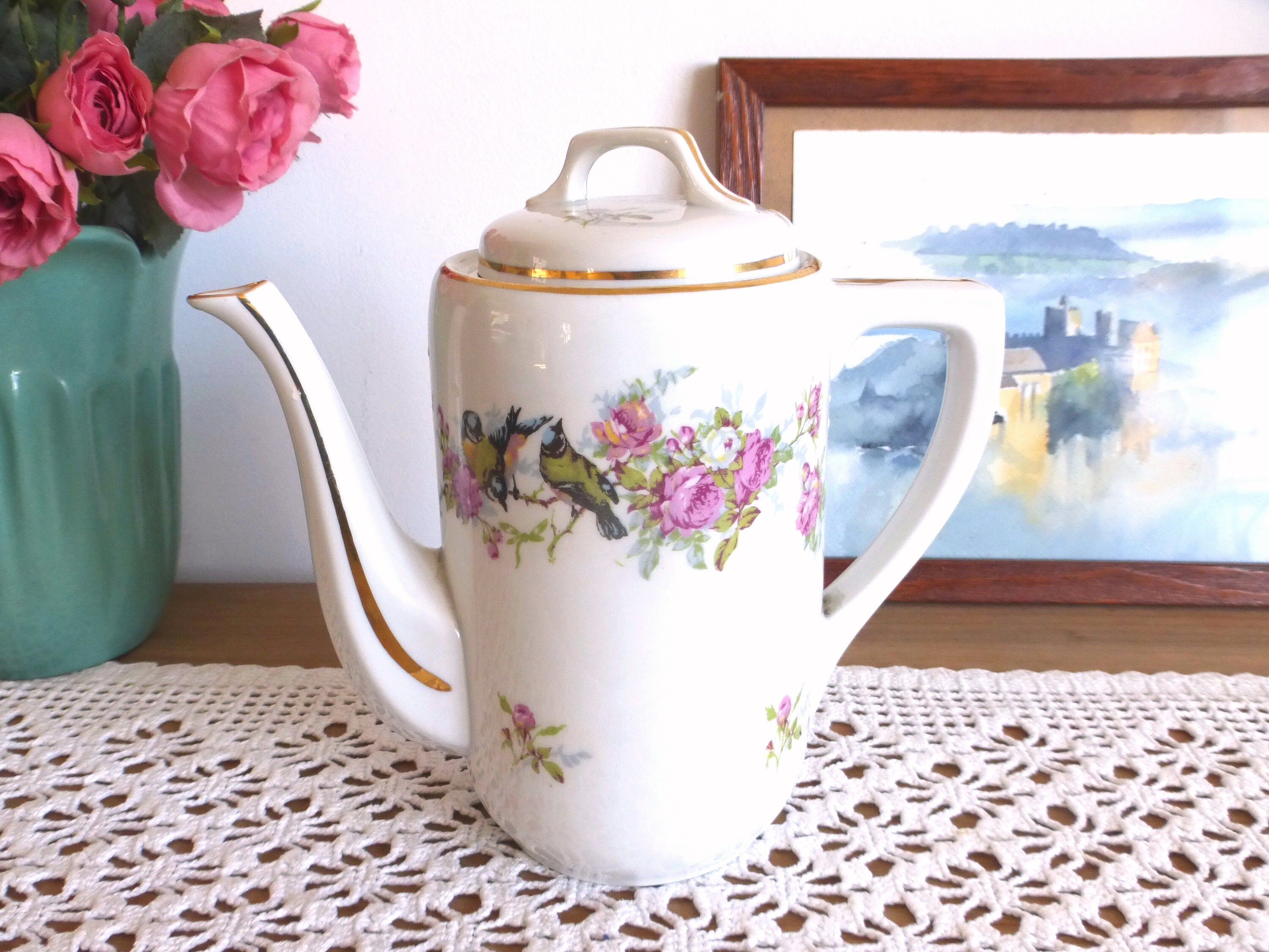 Belle Cafetière Français Antique en Porcelaine de Limoges - Décor Oiseaux & Roses Style Art Déco Rom