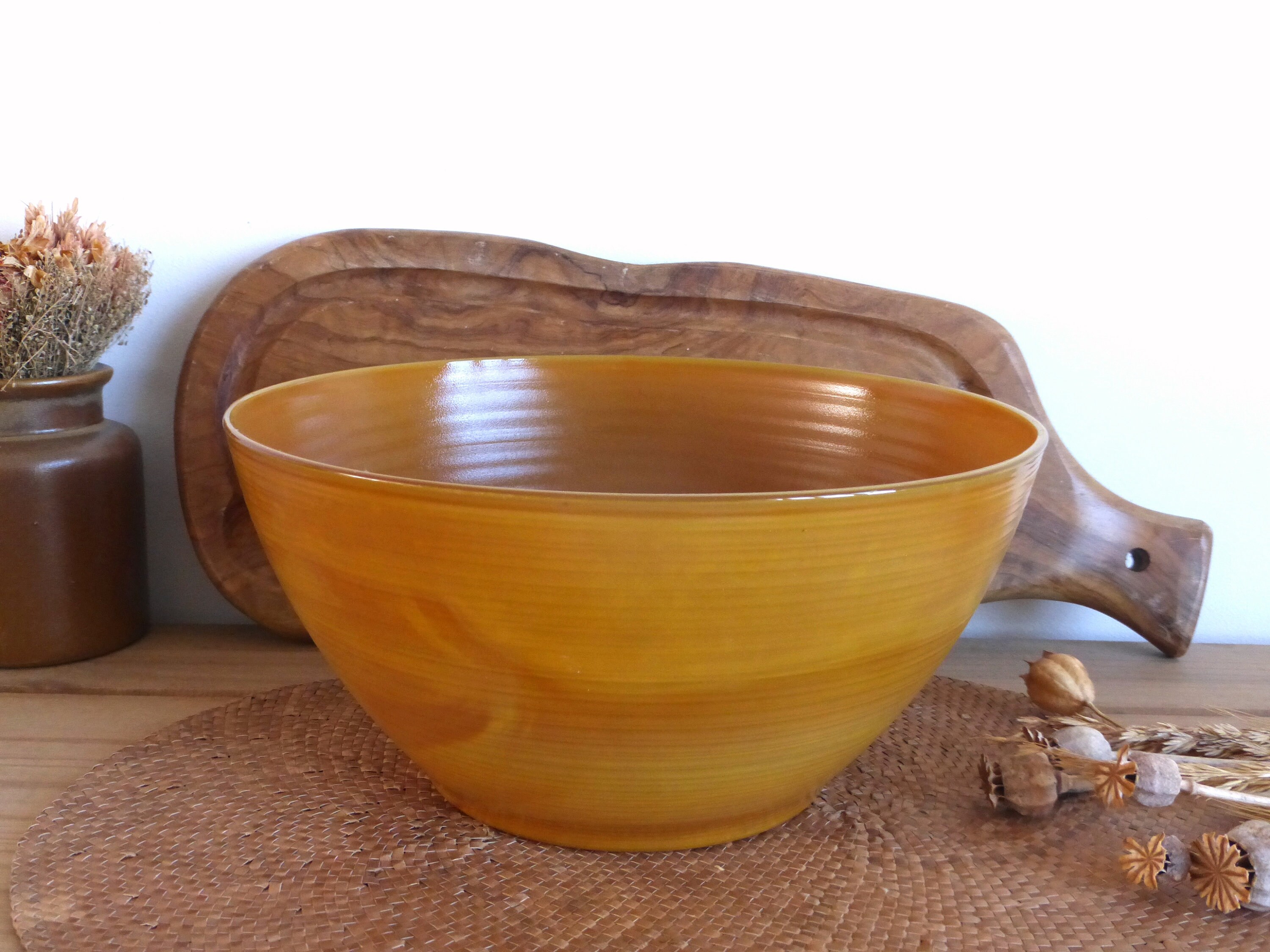 Fabuleux Français Vintage Arcopal Volcan Grande Salade/Fruit Bol de Service - Verre Lait Brun Carame