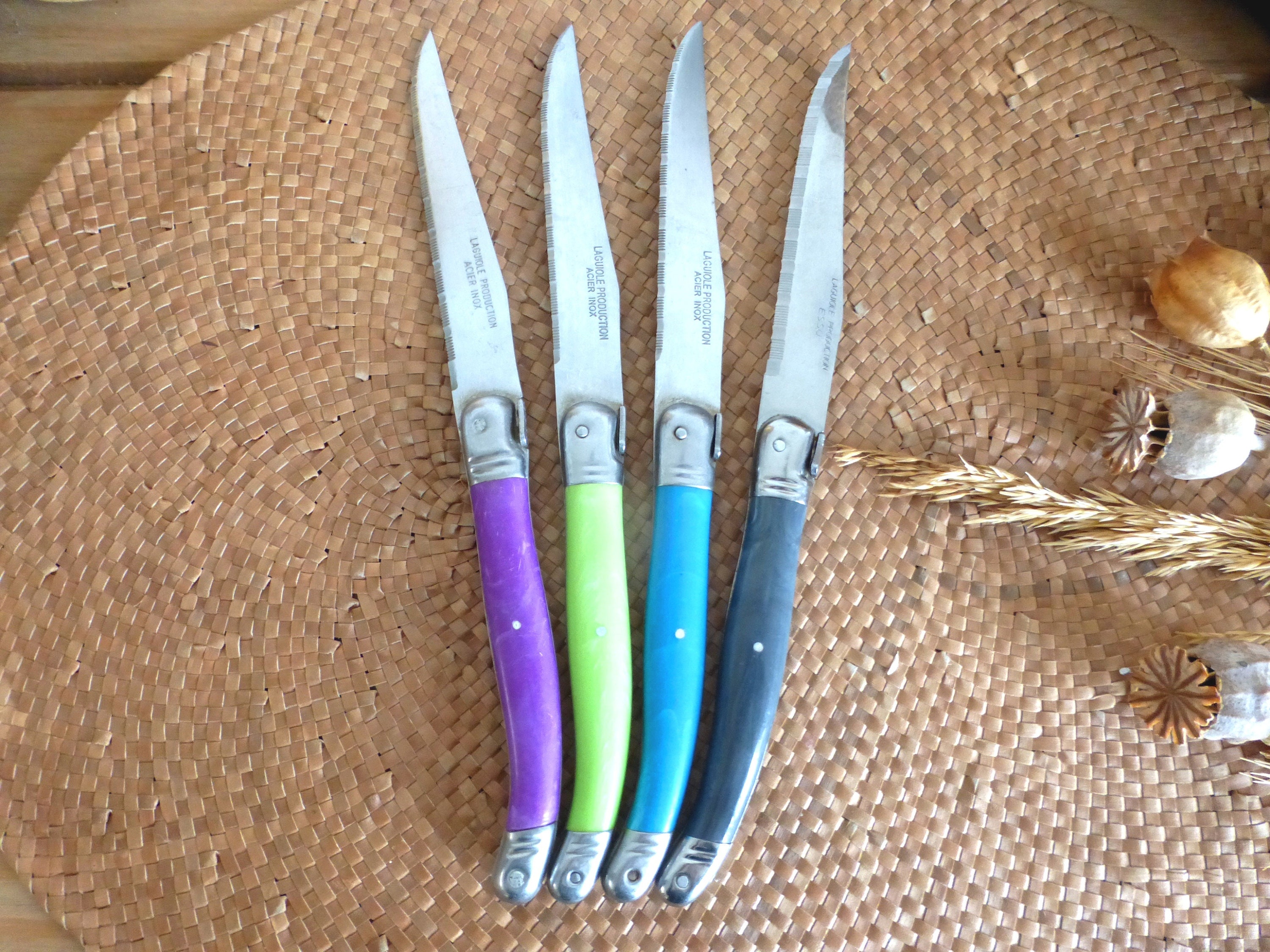 Set of four colorful French vintage LAGUIOLE steak knives in stainless steel - resin handles (choose colors) – signature bee - chic flatware