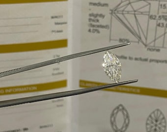 May include: A marquise-cut moissanite gemstone held by tweezers, showcasing its facets and brilliance. The background includes diagrams and text related to gemstone proportions and grading information. The gemstone is the focal point.