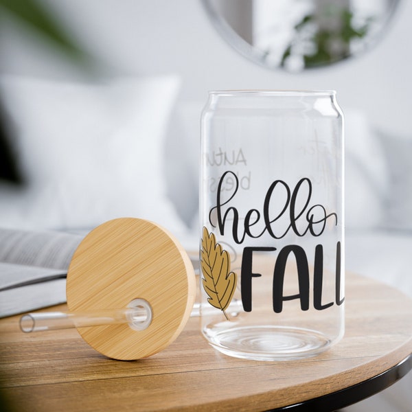 Hello Fall Sweater Weather Autumn Blessings Glass Tumbler, Iced Coffee Glass, Fall Vibes Iced Coffee Cup, Autumn Fall Tumbler