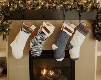 Personalized Christmas Stocking Leather Monogram Stocking Holiday Crochet Stockings Oversize Stockings Inspiro Stockings - Blue /White