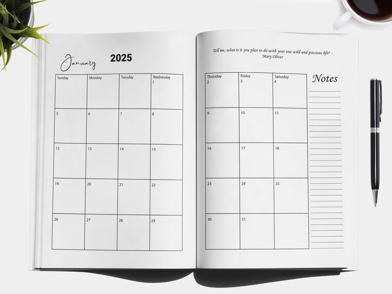 May include: A black and white monthly calendar planner for January 2025. The calendar has a quote from Mary Oliver: "Tell me, what is it you plan to do with your one wild and precious life?"