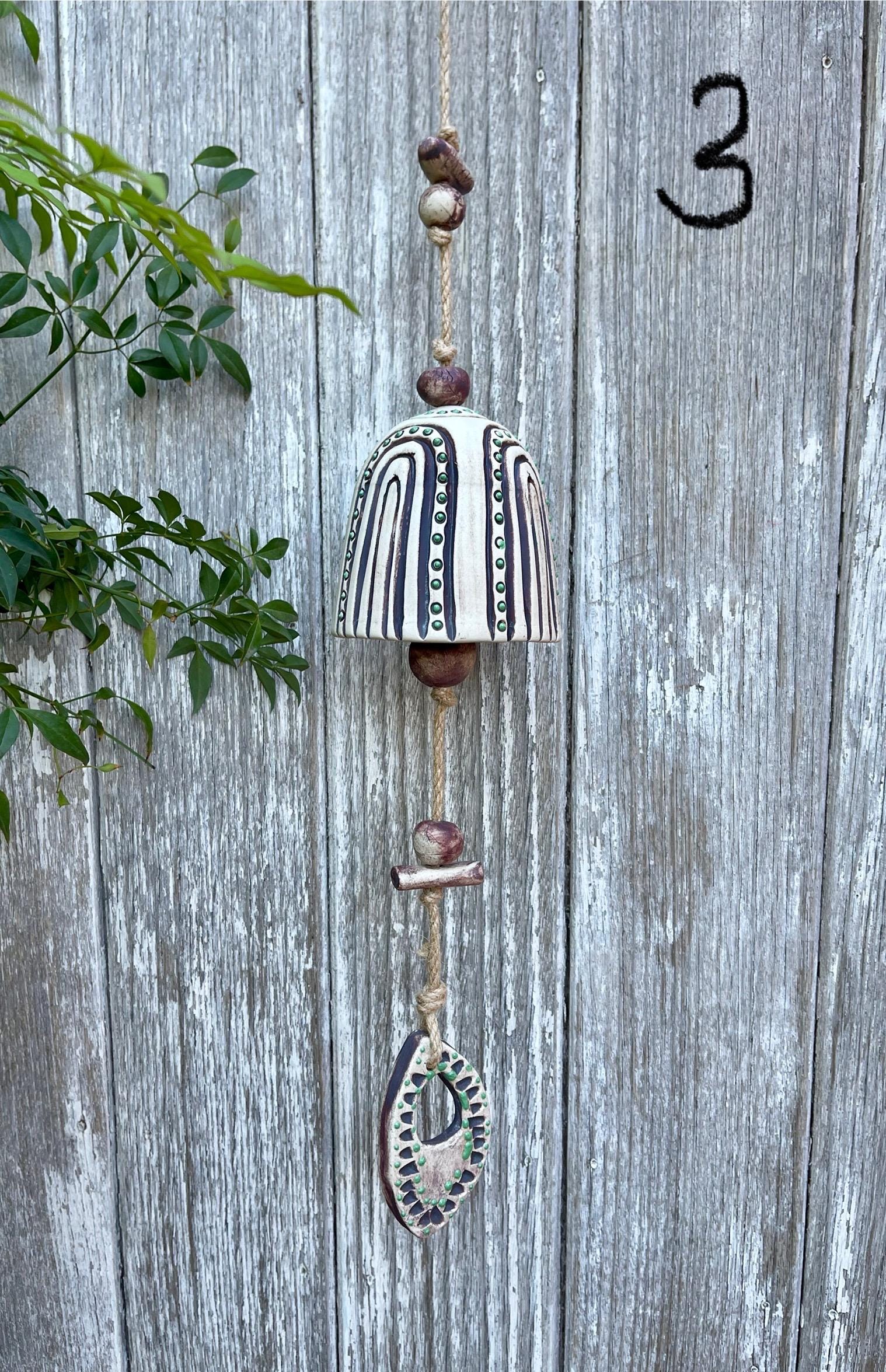 Hand Carved Ceramic Bell Wind Chime, Oxide Glazed Stoneware
