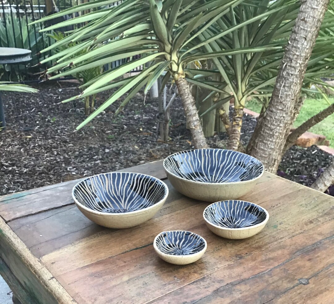 Set of 4 Decorative and Versatile, Pottery Bowls / Dishes. Hand Carved