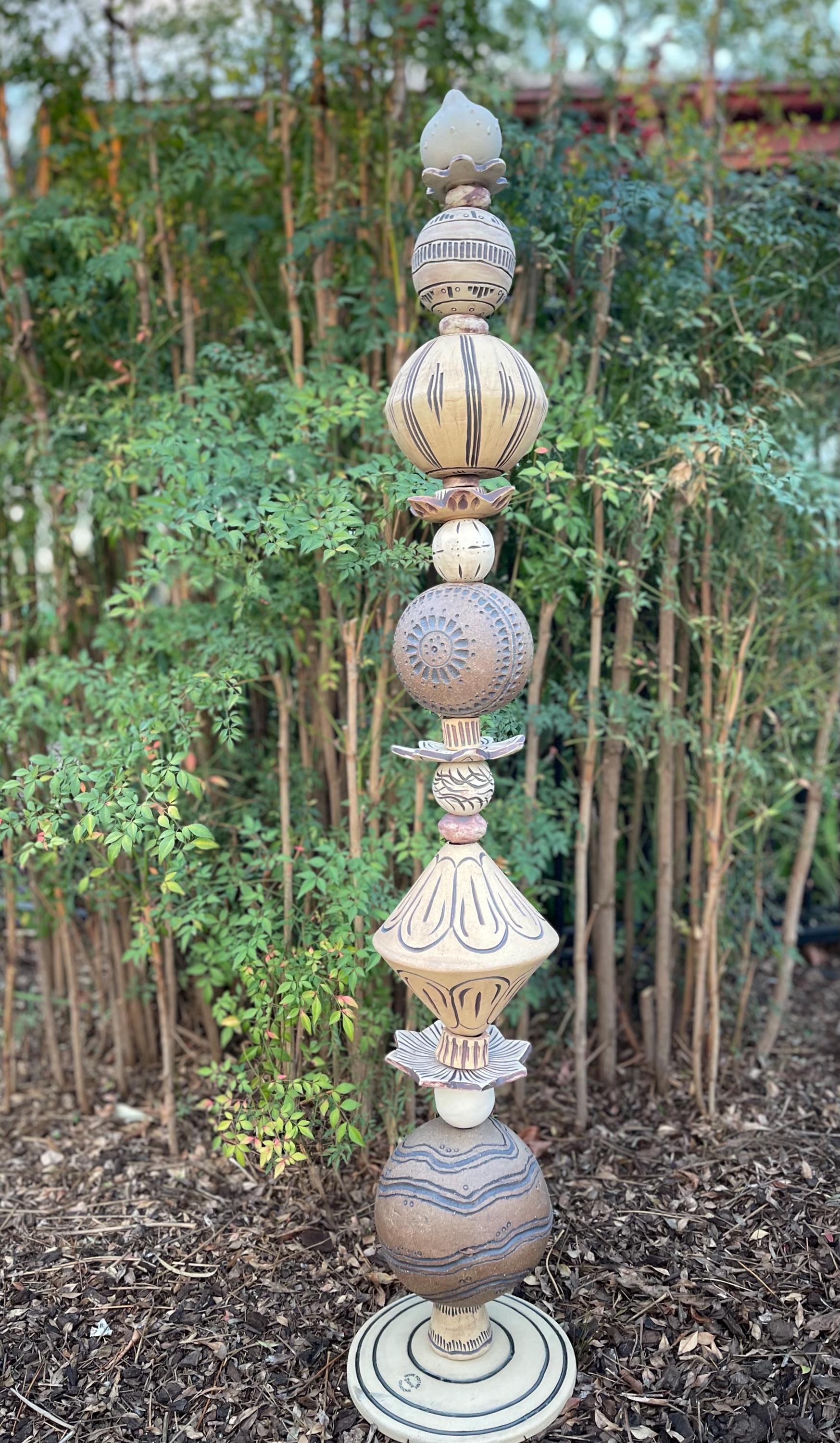 Hand Carved Pottery Totem Pole Garden Sculpture, Earthy Stoneware