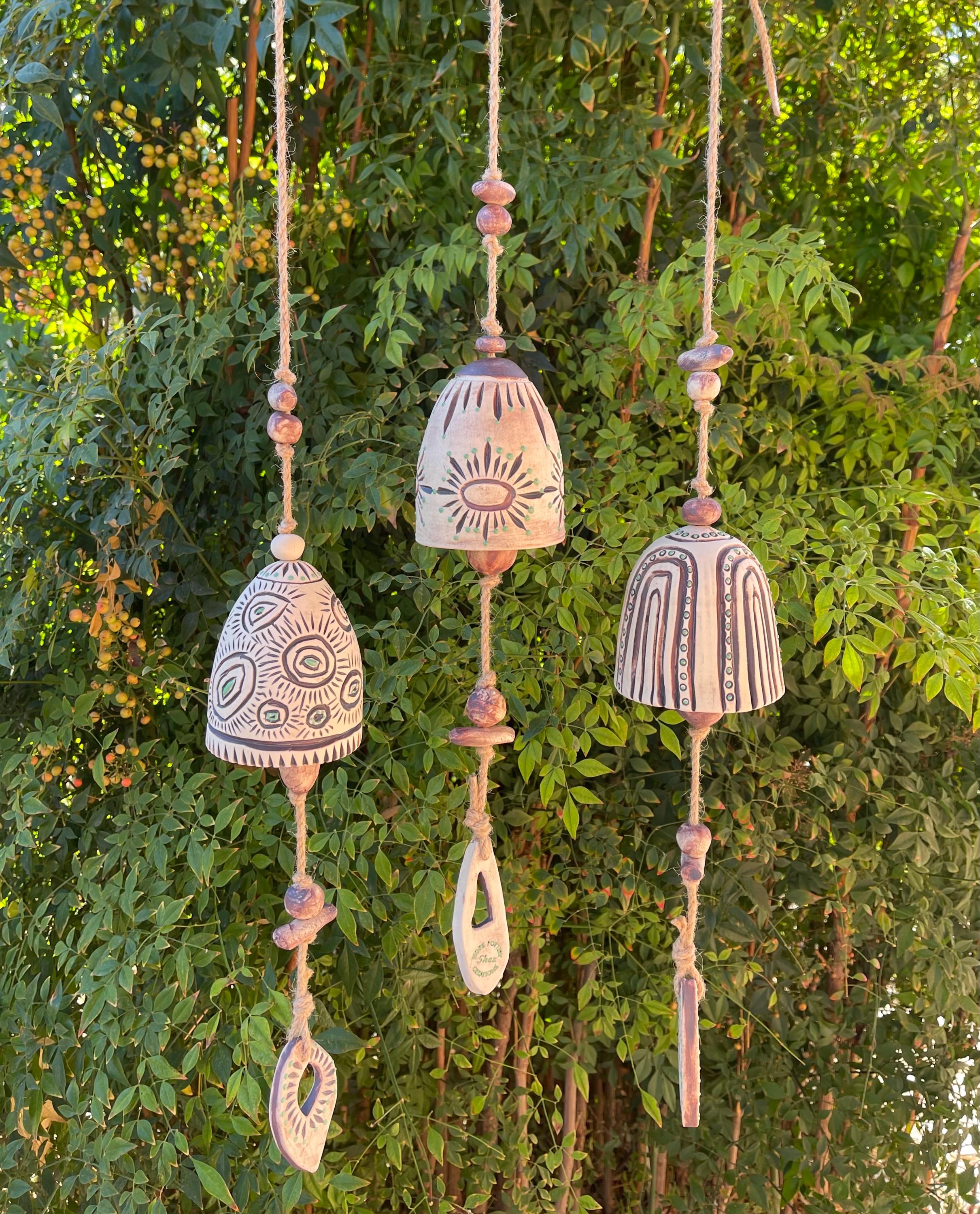 Hand Carved Ceramic Bell Wind Chime, Oxide Glazed Stoneware