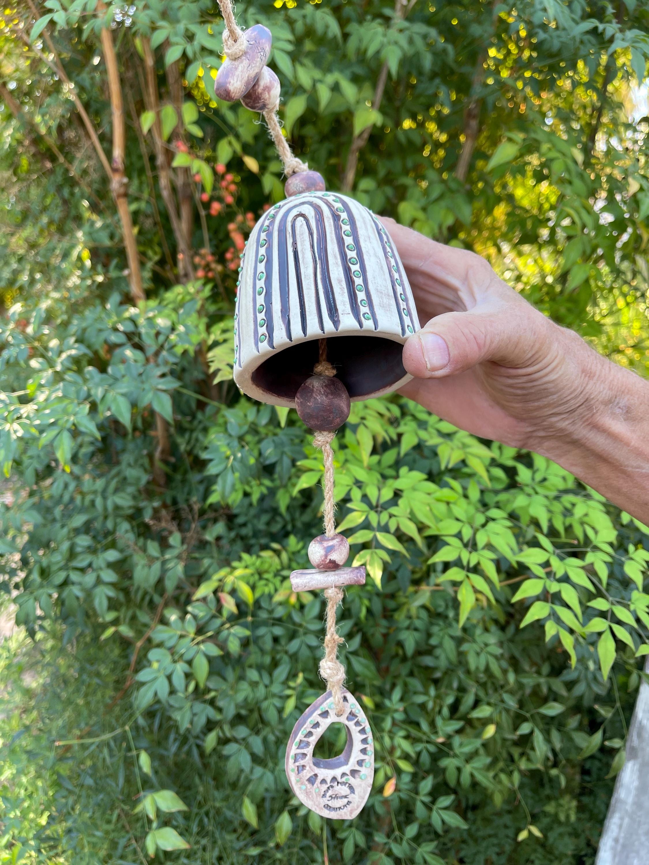 Hand Carved Ceramic Bell Wind Chime, Oxide Glazed Stoneware