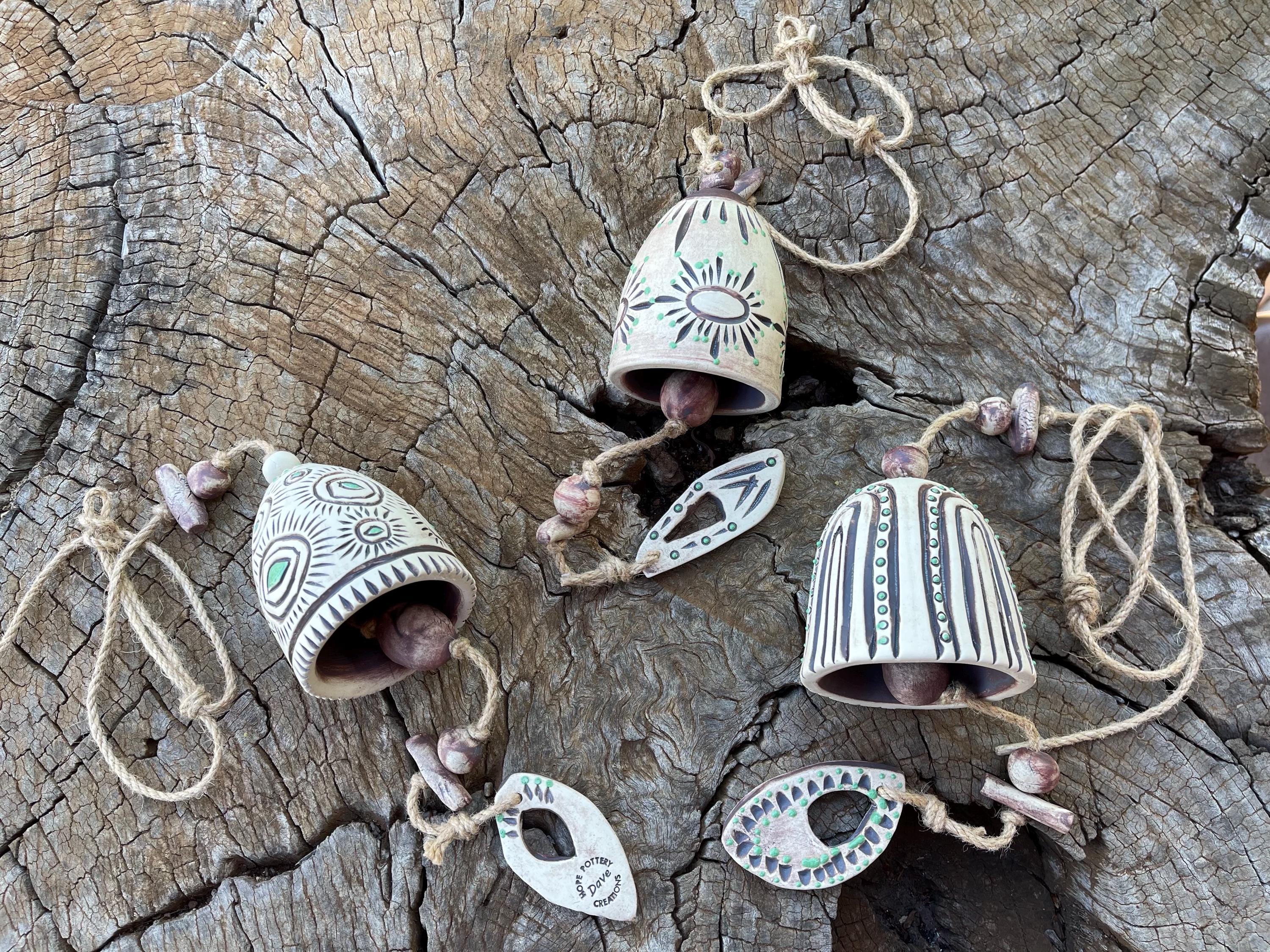 Hand Carved Ceramic Bell Wind Chime, Oxide Glazed Stoneware
