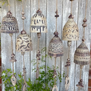 Hand carved and oxide Pottery Bell, wind chime, Earthy and natural clay. Garden Art