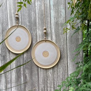 May include: Two ceramic plates with a cream-coloured centre and a tan rim are suspended by rope against a weathered wooden fence. Each plate features a floral design in the centre. Green foliage frames the scene.