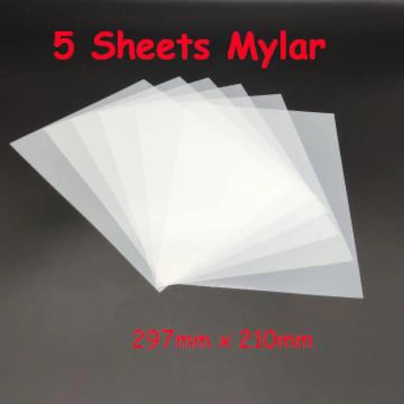 May include: Five sheets of translucent Mylar are fanned out against a dark background. The text "5 Sheets Mylar" is in red at the top. The dimensions, 297mm x 210mm, are printed in white at the bottom.